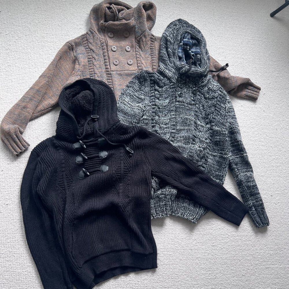 Men’s Knit Sweater Bundle (3) – Toggle, Button-Up, & Funnel Neck Styles – Size M